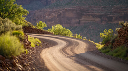 Fototapeta premium winding dirt road surrounded by lush greenery and rocky cliffs, perfect for cycling adventures. serene landscape invites exploration and connection with nature