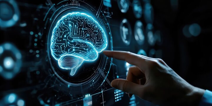 A scientist touching a futuristic AI brain icon connected to a digital interface.
