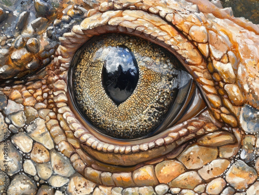 Poster close-up view of a crocodile eye highlighting intricate textures and patterns in natural habitat env