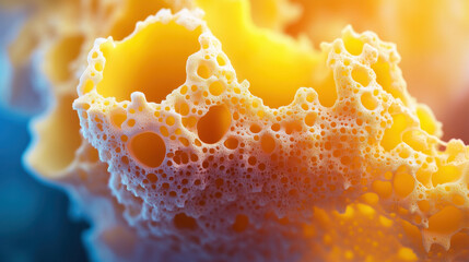 vibrant macro shot of sponge showcasing its intricate texture and bubbles, highlighting beauty of nature design. colors blend harmoniously, creating captivating visual experience