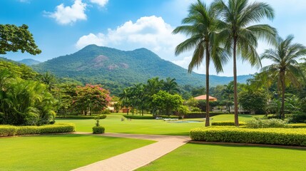 Obraz premium A serene aerial view showcases a vibrant green park with a winding pathway that leads towards a majestic mountain backdrop.