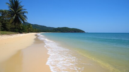 A serene beach scene featuring pristine white sand and a swaying palm tree under a clear blue sky, perfect for relaxation and tropical vibes.