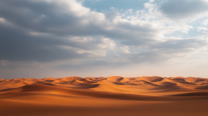 Naklejka premium vast Arabian desert landscape with rolling sand dunes under cloudy sky, showcasing beauty of nature arid environment