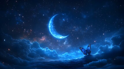 A luminous blue crescent moon and butterfly in starry sky