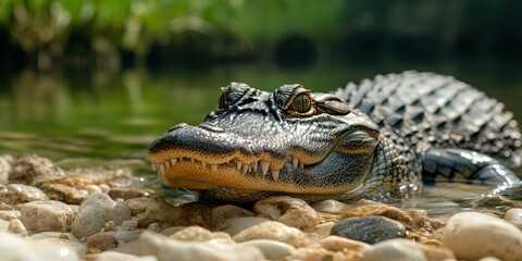 Obraz premium Close-Up View of a Crocodile in Shallow Water Surrounded by Stones and Greenery with Detailed Scales and Intense Eyes Reflecting Light