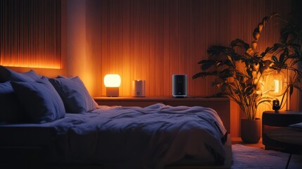 Cozy bedroom night scene, smart speaker, warm lighting, plant. Use interior design