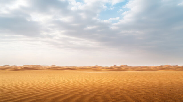 vast Arabian desert landscape with flat surface and gentle dunes under cloudy sky evokes sense of tranquility and isolation
