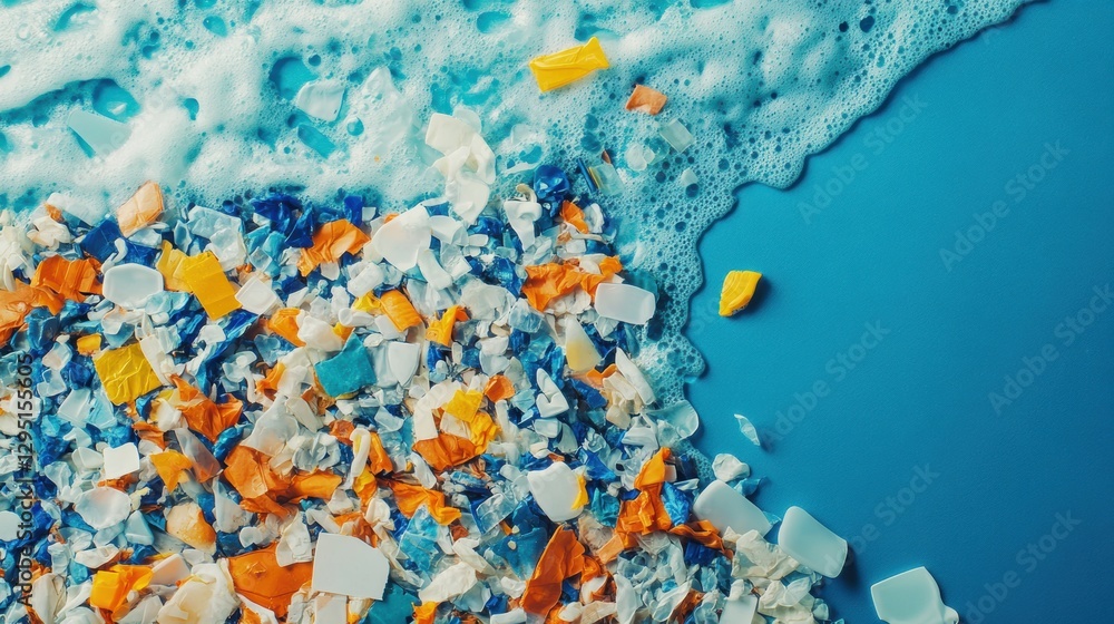 Poster close up view of plastic fragments washed ashore by ocean waves highlighting pollution and environme