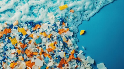 Close up view of plastic fragments washed ashore by ocean waves highlighting pollution and environmental issues. Generative AI
