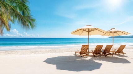 Obraz premium A tranquil beach scene featuring two colorful umbrellas and chairs positioned near the gentle waves of the water, inviting relaxation and leisure.