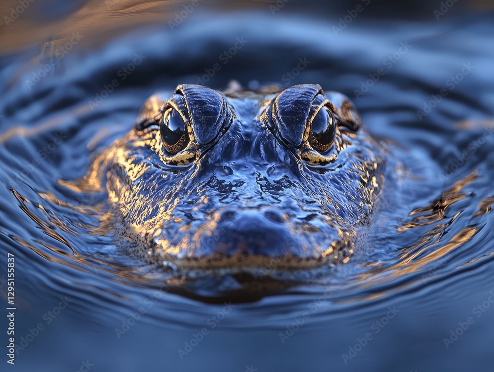 Poster close-up view of a frog's face emerging from calm water surrounded by soft ripples and reflective li