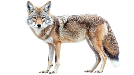 Fototapeta premium Realistic png of a coyote standing alert with transparent background for easy integration into designs.