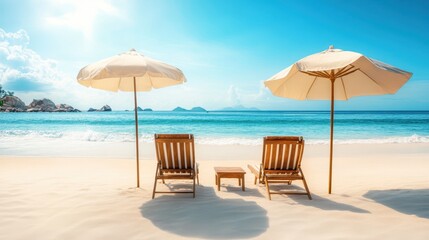 Fototapeta premium Two chairs and colorful umbrellas sit on a sandy beach, with the vast ocean stretching into the horizon under a clear blue sky.
