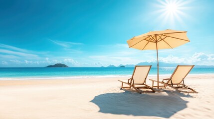 Fototapeta premium Two beach chairs sit under a colorful umbrella on a sandy shore, creating a perfect spot for relaxation by the ocean.