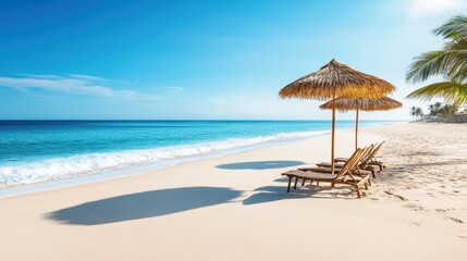 Fototapeta premium Two beach chairs and a colorful umbrella create a relaxing spot on the sandy shore, perfect for enjoying the sun and sea breeze.