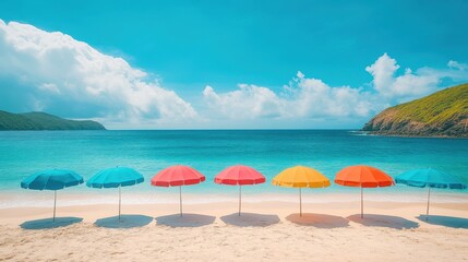 Fototapeta premium A vibrant array of colorful umbrellas stands neatly on the sandy beach, providing shade near the gentle waves of the water.