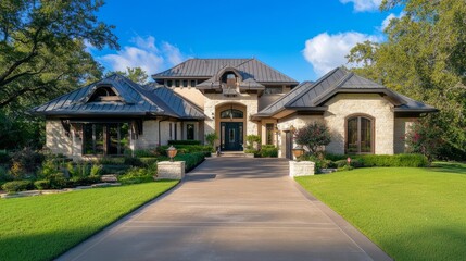 Luxurious modern home entrance blending elegance with nature, showcasing timeless architectural beauty.
