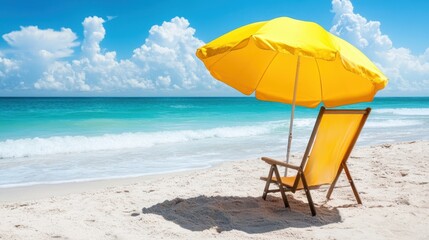 A vibrant yellow umbrella and a chair are situated on the beach, with a serene ocean view creating a relaxing atmosphere in the background.