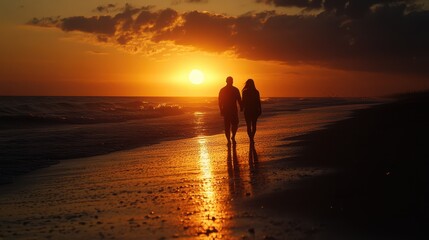 Two individuals stroll along a serene beach during a vibrant sunset, capturing a moment of tranquility and connection with nature.
