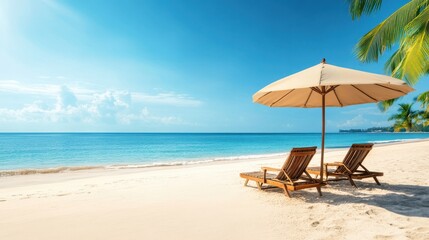 Two beach chairs and a colorful umbrella are set on the sandy shore, creating a perfect spot for relaxation under the sun.