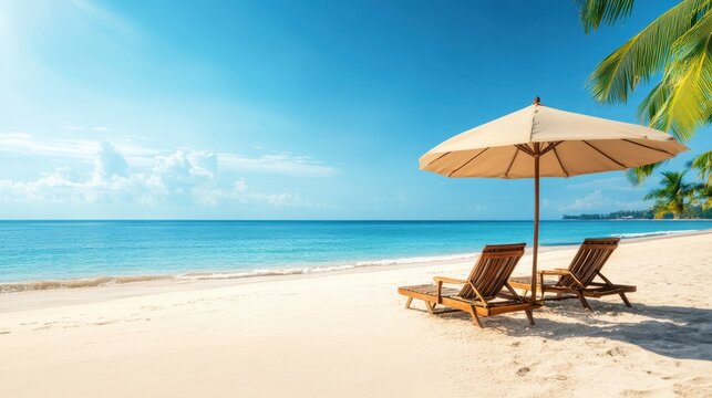 Two beach chairs and a colorful umbrella are set on the sandy shore, creating a perfect spot for relaxation under the sun.