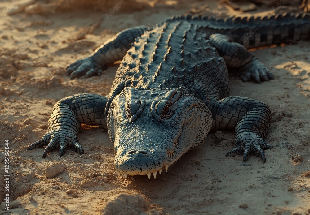 Poster close-up view of a lying alligator on the ground with textured skin and sharp teeth under soft sunli