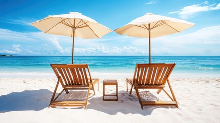 Obraz premium Two beach chairs and colorful umbrellas are set against a serene ocean backdrop, creating a perfect relaxation spot by the water.