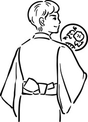 夏　祭り　浴衣　男性　花火　手描き　和装　イラスト素材