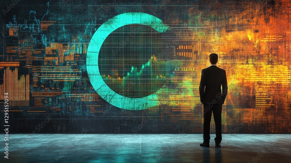 Poster kpi and performance concept with a businessman standing beside a large progress chart displaying suc