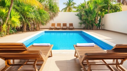 Two lounge chairs beside a pool, adorned with a towel, create a serene and inviting atmosphere for relaxation and leisure.