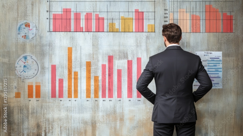 Poster kpi and performance concept with a businessman standing beside a large progress chart displaying suc