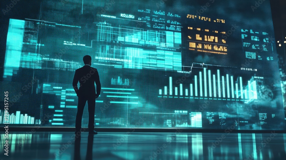 Poster kpi and performance concept with a businessman standing beside a large progress chart displaying suc