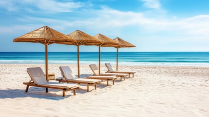 Fototapeta premium A serene beach scene featuring multiple lounge chairs and colorful umbrellas with the ocean waves gently rolling in the background.