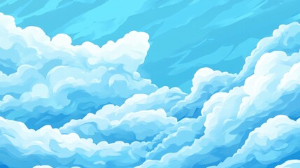 Fluffy, vibrant cloudscape against a vivid blue sky. Detailed illustration of cumulus clouds.