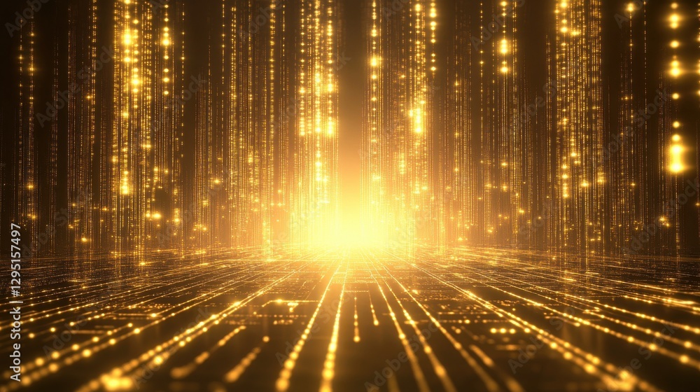 Poster golden light rays with sparkling particles in digital space