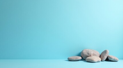 Serene stones resting against a tranquil blue backdrop, minimalist scene ideal for relaxation and wellness themes
