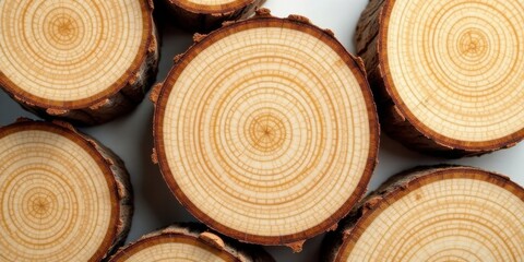 Close-up view of several wood cross-sections, revealing intricate growth rings and natural textures