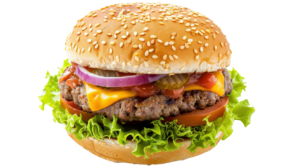 Delicious cheeseburger with lettuce, tomato, onion, pickles, ketchup, and sesame seed bun on transparent background