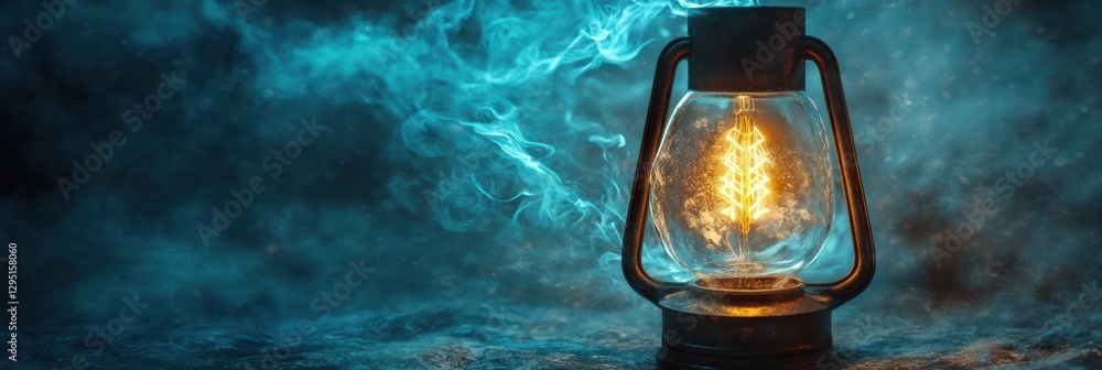 Poster glowing gas lamp illuminates a misty atmosphere with enchanting light and swirling smoke in a dimly 