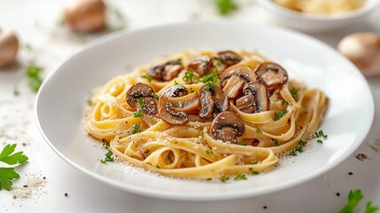 Italian fettuccine pasta cooked with cream sauce and mushrooms
