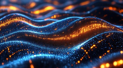 Abstract digital wave pattern of glowing particles. (1)