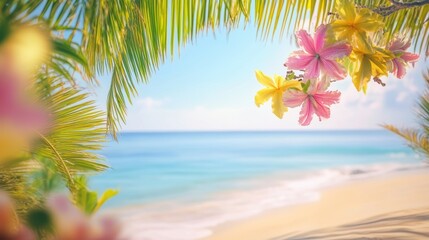 A vibrant array of flowers blooms along the sandy beach, close to the gentle waves of the water, creating a picturesque coastal scene.