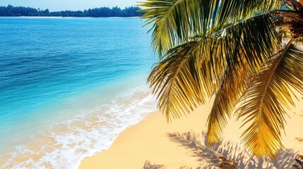 Fototapeta premium A solitary palm tree stands on a sandy beach beside tranquil waters, creating a serene tropical scene perfect for relaxation and escape.