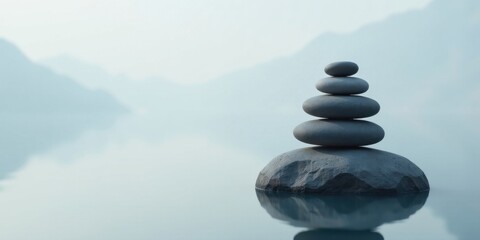 Serene Stacked Stones on a Calm Lake, Reflecting Tranquility and Inner Peace in a Misty Mountain Landscape