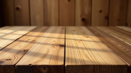 Warm Sunlight Illuminates a Smooth Wooden Surface with Subtle Shadow Patterns Creating a Rustic and Serene Atmosphere
