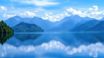 Fototapeta premium A serene lake reflects majestic mountains and lush trees, creating a tranquil landscape that showcases nature's beauty and harmony.