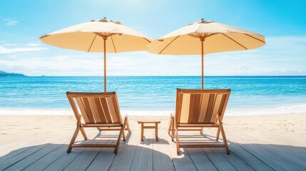Two chairs and umbrellas are positioned on a wooden deck, offering a serene view of the ocean, perfect for relaxation and tranquility.