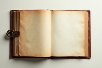 An antique leather-bound journal with aged, blank pages lies open, ready for stories, secrets, or memories to be written
