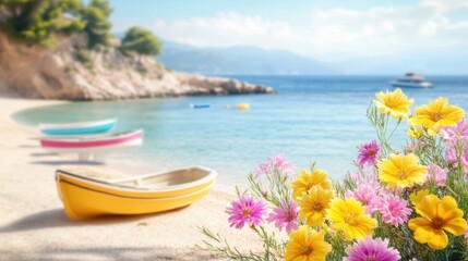 Naklejka premium Colorful flowers adorn the beach, with boats gently floating near the water, creating a serene and picturesque coastal scene.