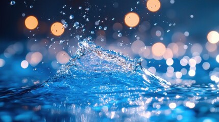 Sparkling water splash against a bokeh background.